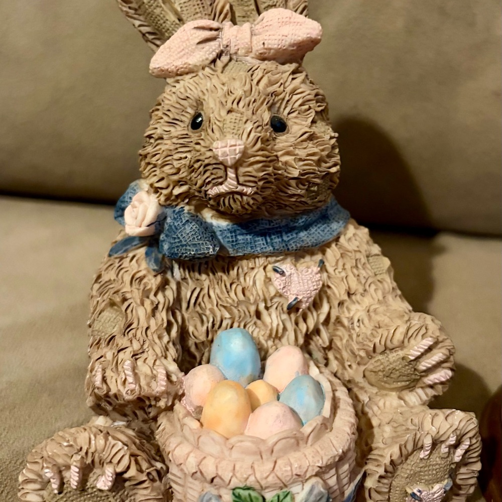 Charming Tan Bunny Figurine with Basket of Eggs